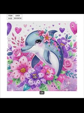 Cute Dolphin Floral Diamond Art Canvas - Pink & Purple